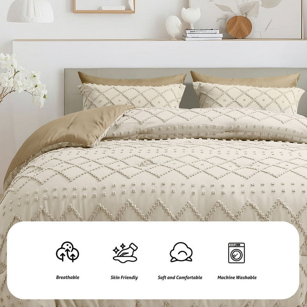 JUSTLET Comforter Set 7 Pieces Bed in a Bag, Beige Reversible Tufted Bedding Set with Comforter, Fitted Sheet, Flat Sheet, Pillow Shams, Pillowcases, Queen