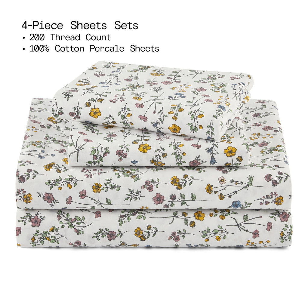 Beautiful Botanical 4-Piece 100% Cotton Washed Percale White Sheet Set, Queen by Drew Barrymore