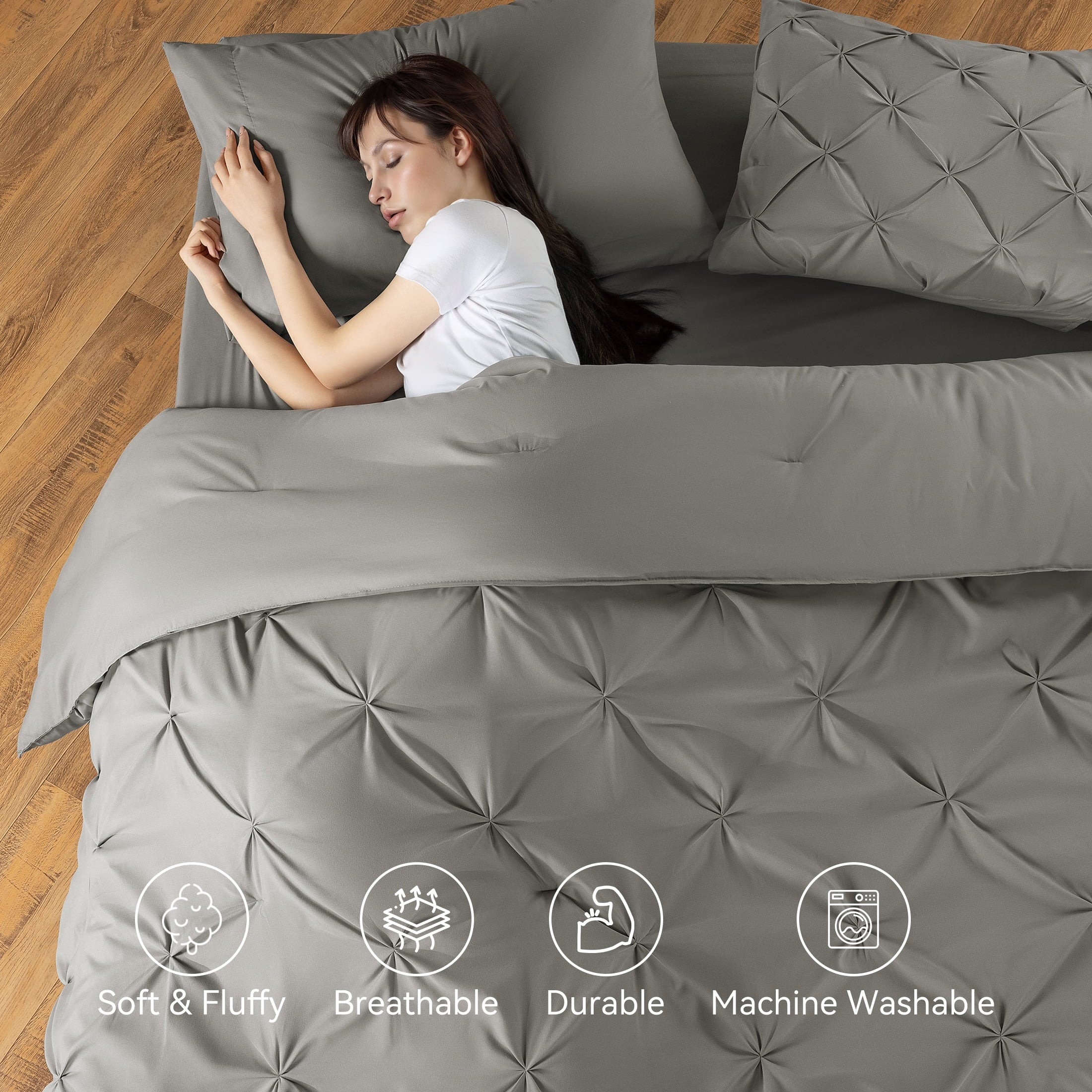 SONORO KATE Queen Comforter Set, 7 Pieces Bedding Sets for All Season, Bed in a Bag with Pleated Comforter - Flat Sheet & Fitted Sheet - Pillowcases & Shams, Gray