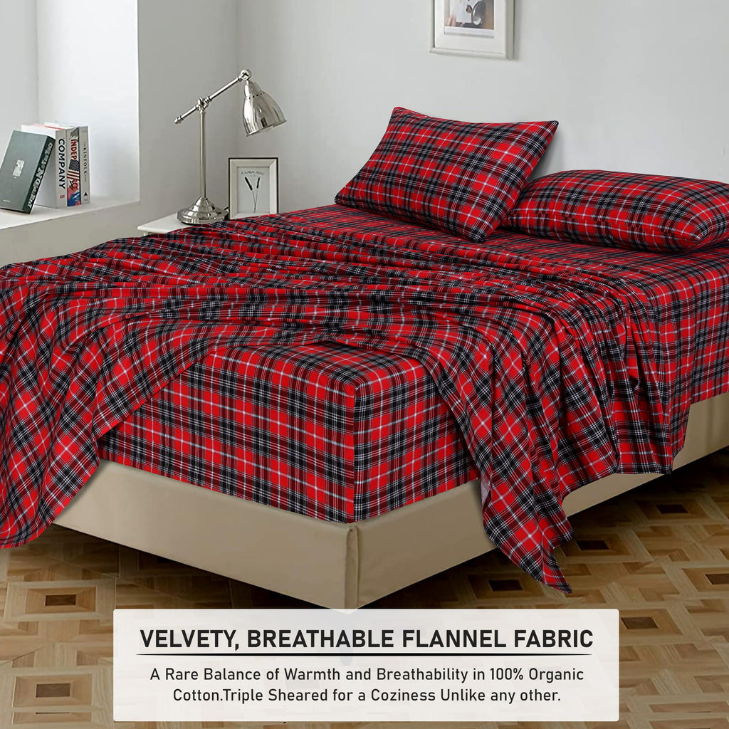 RUVANTI Flannel Sheets Queen Size - 100% Cotton Double Brushed Bed Sheets, Deep Pockets 16 Inches Queen Sheet Set, All Seasons Breathable & Extra Soft - Warm & Cozy, 4 Piece, Red Plaid