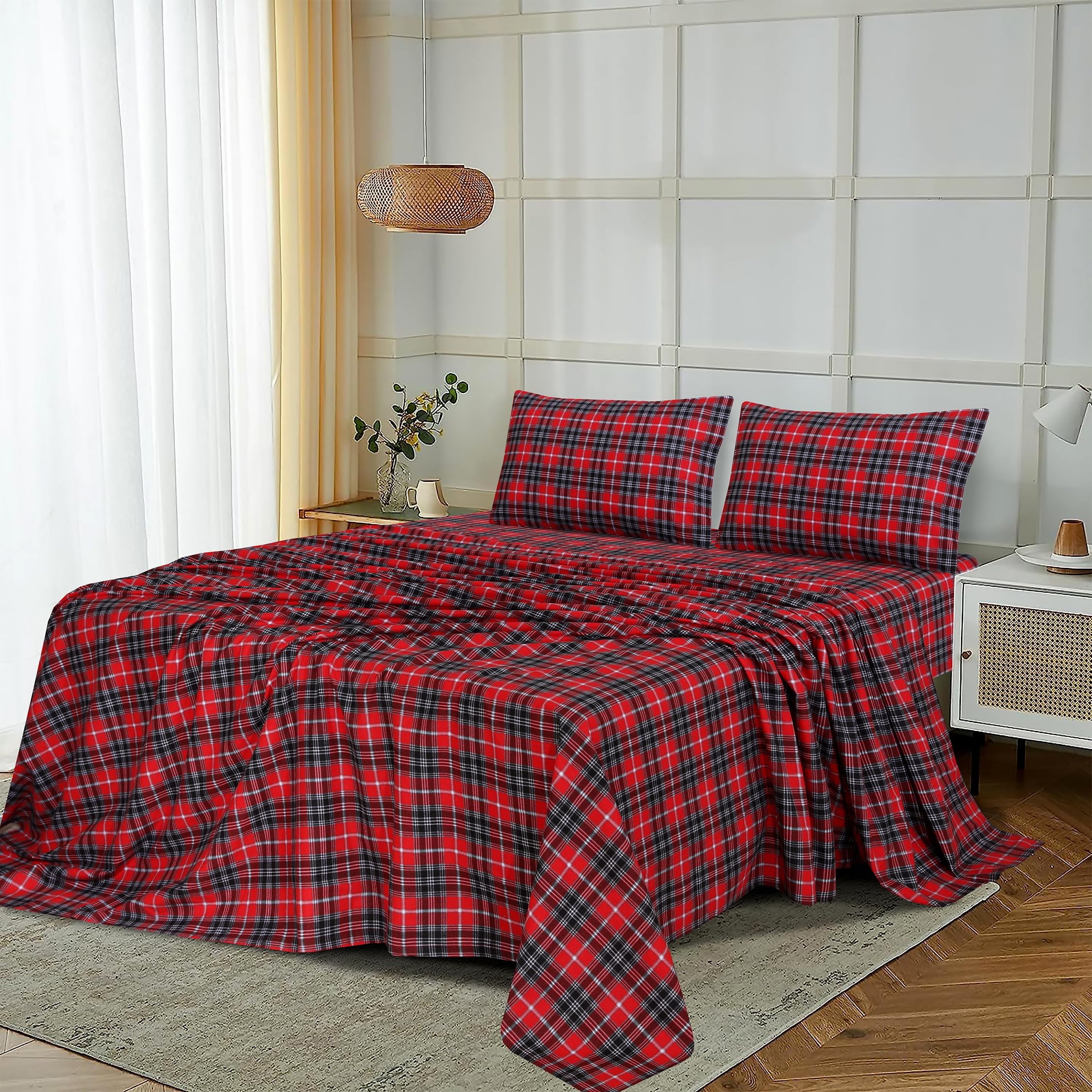 RUVANTI Flannel Sheets Queen Size - 100% Cotton Double Brushed Bed Sheets, Deep Pockets 16 Inches Queen Sheet Set, All Seasons Breathable & Extra Soft - Warm & Cozy, 4 Piece, Red Plaid