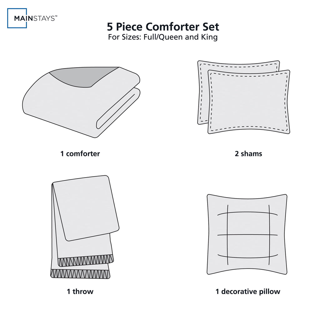 Mainstays Rich Black 5 Piece Damask Stripe Comforter Set, Full/Queen, Adult, Unisex