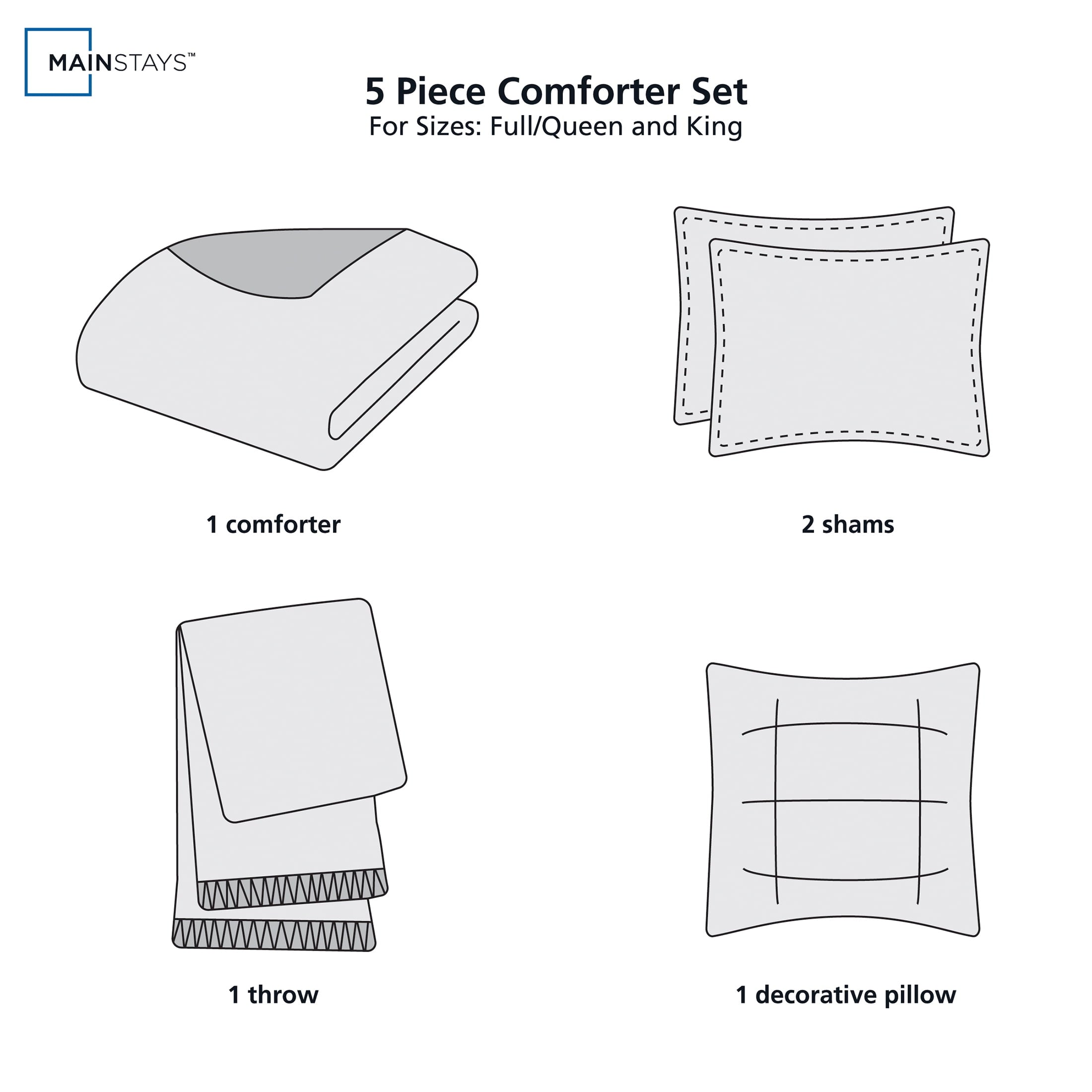 Mainstays Rich Black 5 Piece Damask Stripe Comforter Set, Full/Queen, Adult, Unisex