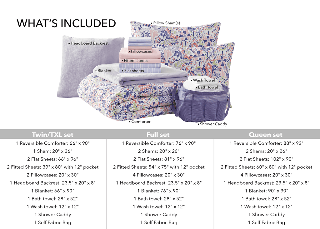 14pc College Dorm Essentials Bundle, Twin-XL, Reversible Bed in a Bag Comforter Set, Purple Floral