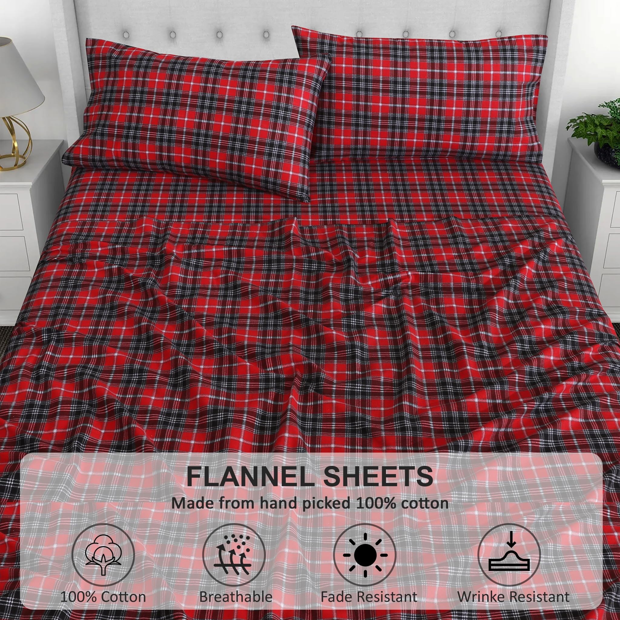RUVANTI Flannel Sheets Queen Size - 100% Cotton Double Brushed Bed Sheets, Deep Pockets 16 Inches Queen Sheet Set, All Seasons Breathable & Extra Soft - Warm & Cozy, 4 Piece, Red Plaid