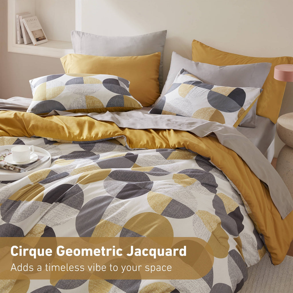 Regency Heights Queen Size Comforter Set, 9-Piece Bed in a Bag Queen, Round Geometric Print Bedding Comforter Set with Sheets, Yellow
