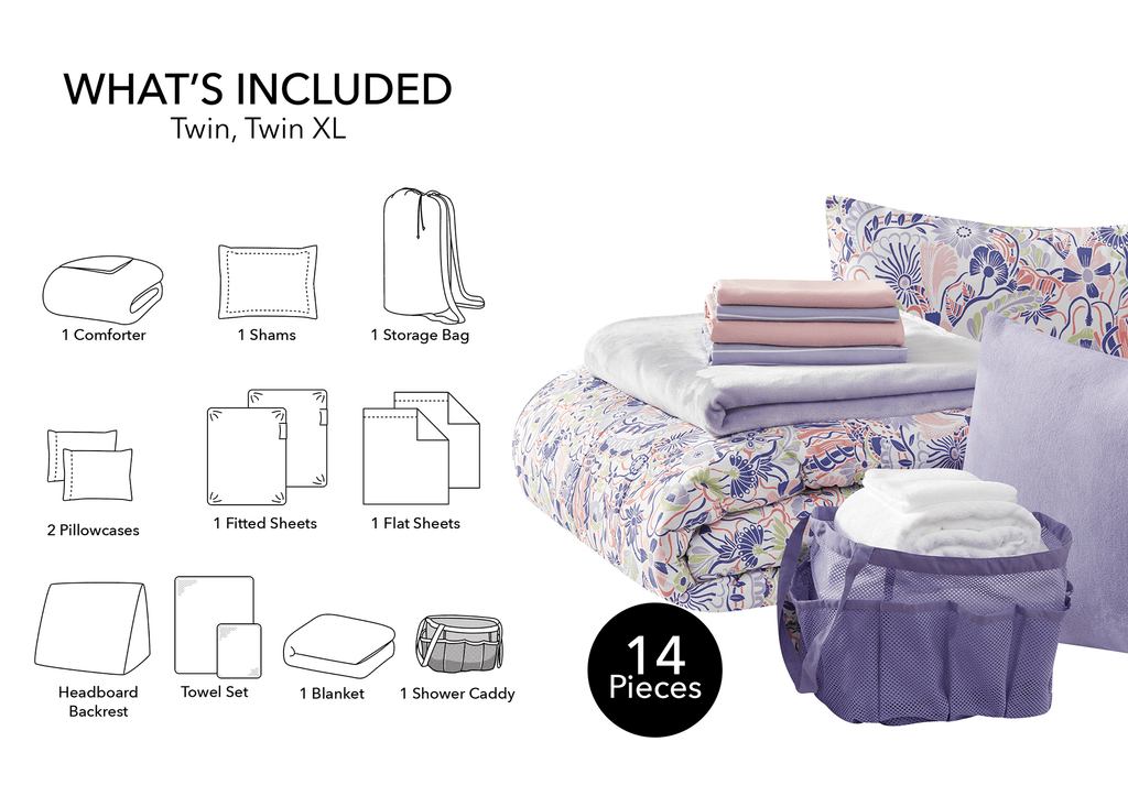 14pc College Dorm Essentials Bundle, Twin-XL, Reversible Bed in a Bag Comforter Set, Purple Floral