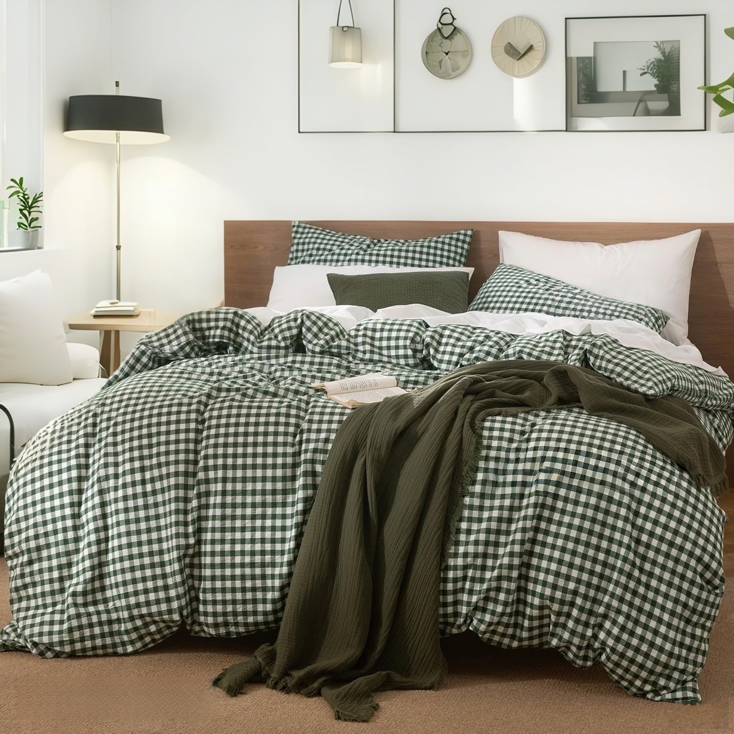 NAYOROOM 100% Organic Cotton Gingham Duvet Cover Queen Set, 3-Piece Linen Like Textured Breathable Soft Bedding Cover (Dark Green Gingham)