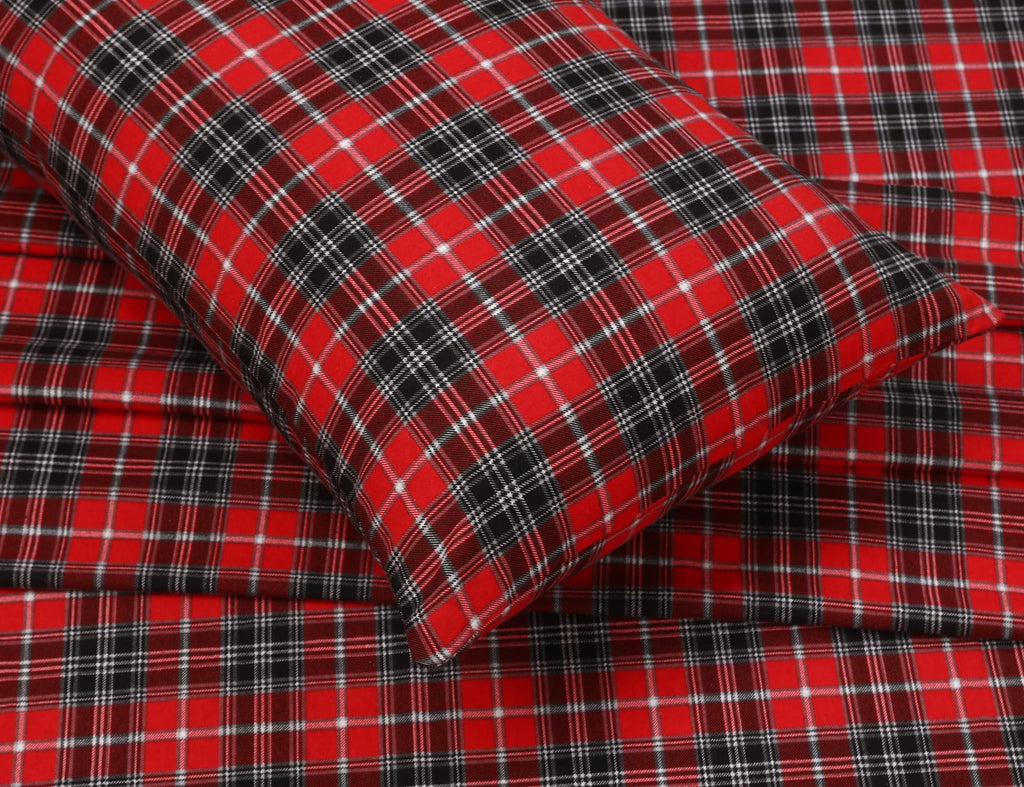 RUVANTI Flannel Sheets Queen Size - 100% Cotton Double Brushed Bed Sheets, Deep Pockets 16 Inches Queen Sheet Set, All Seasons Breathable & Extra Soft - Warm & Cozy, 4 Piece, Red Plaid