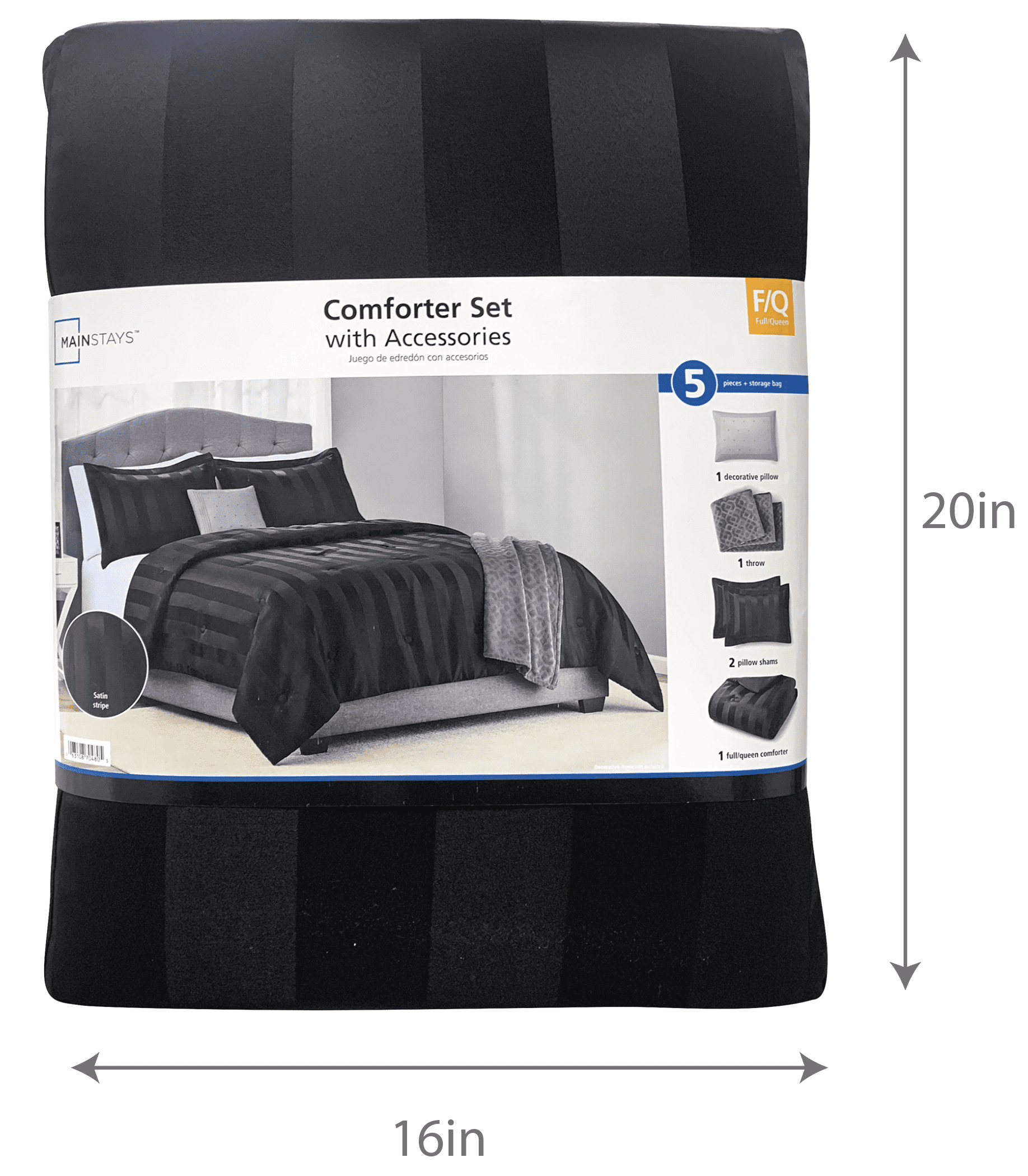 Mainstays Rich Black 5 Piece Damask Stripe Comforter Set, Full/Queen, Adult, Unisex