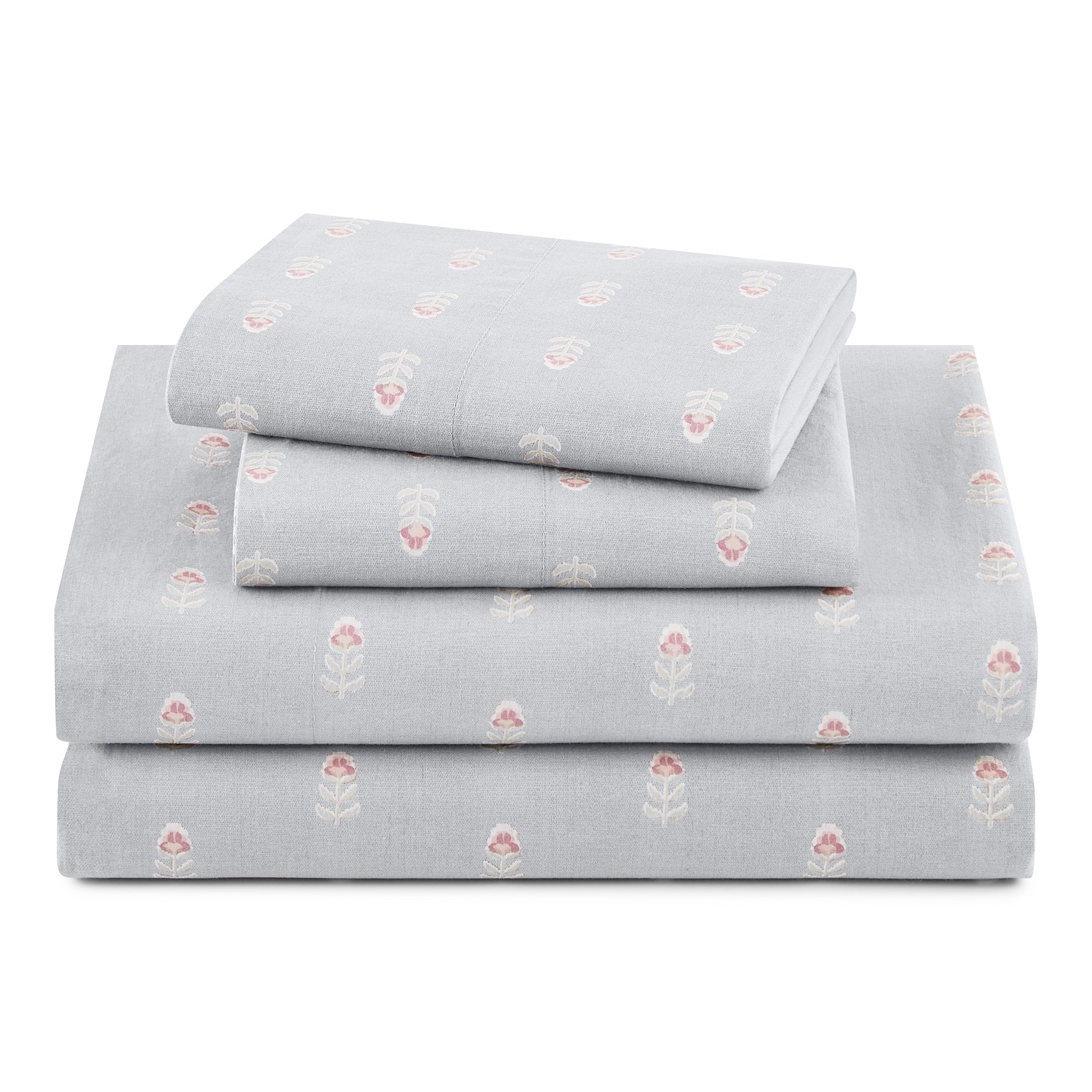 Beautiful Botanical 4-Piece 100% Cotton Washed Percale White Sheet Set, Queen by Drew Barrymore