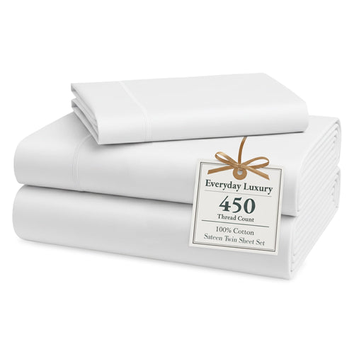 Casa Platino Cotton Twin Sheets – 450 Thread Count 100% Cotton Cooling Sheets, Soft Sateen Weave, Deep Pocket Fits 15” Mattress, Fade-Resistant Hotel Bedding – White