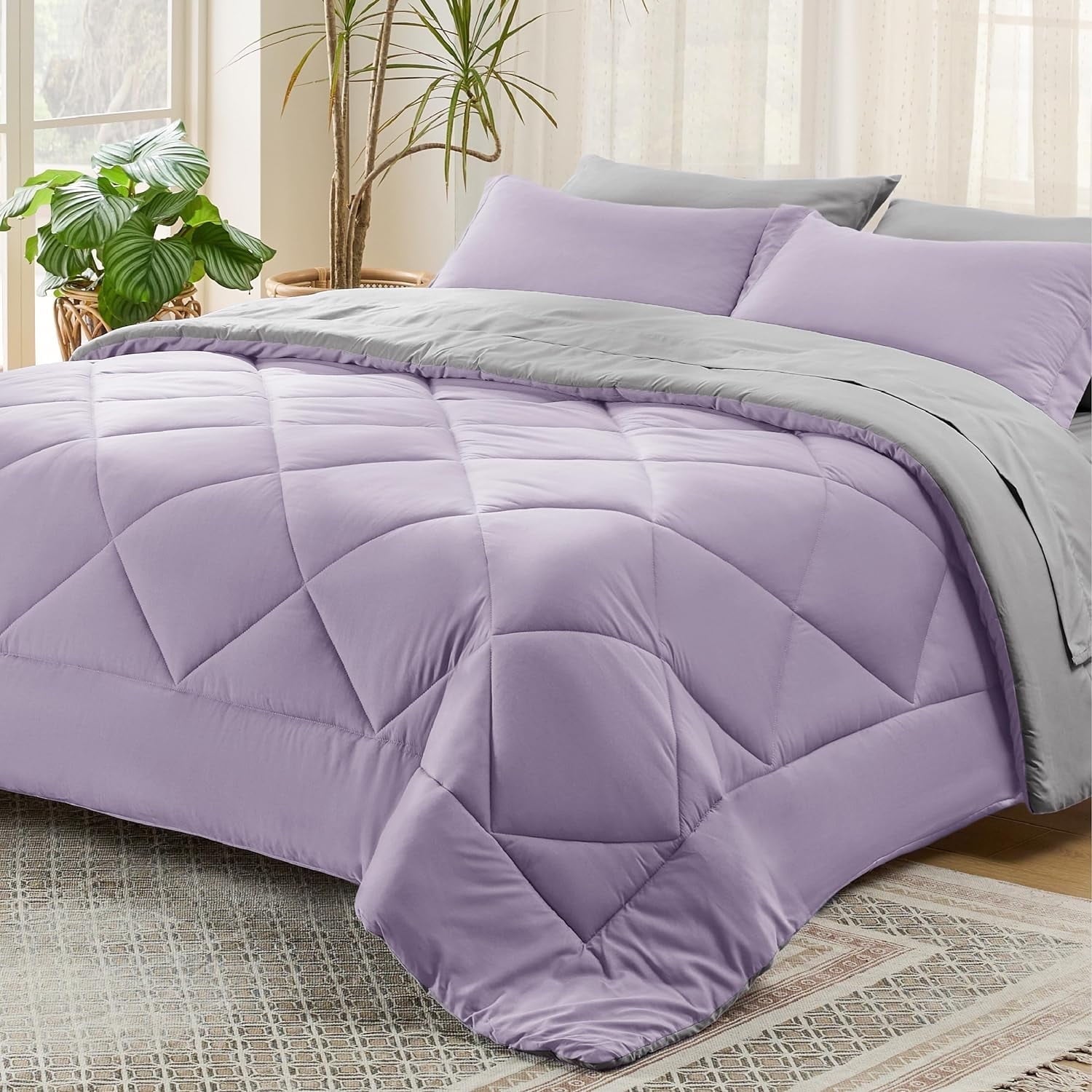 U by Bedsure Light Purple Twin Comforter Set - 5 Pieces Reversible Twin Bed in a Bag, Twin Bed Set Light Purple and Grey with Comforters, Sheets, Pillowcase & Sham