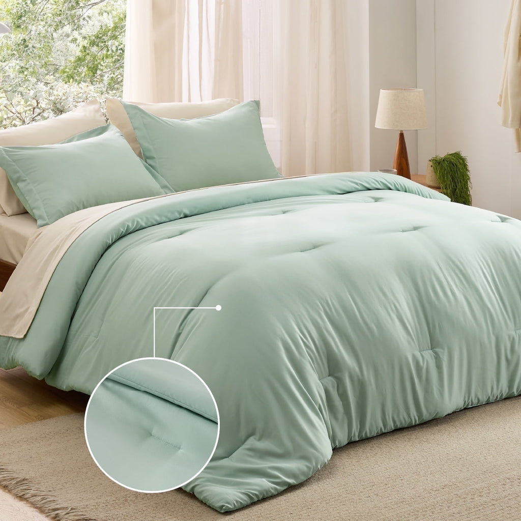 Queen Comforter Set Sage Green, 7 Pieces Soft Comforter with Sheets, Pillowcases & Shams, All Season Boho, Contrasting Design, 80GSM