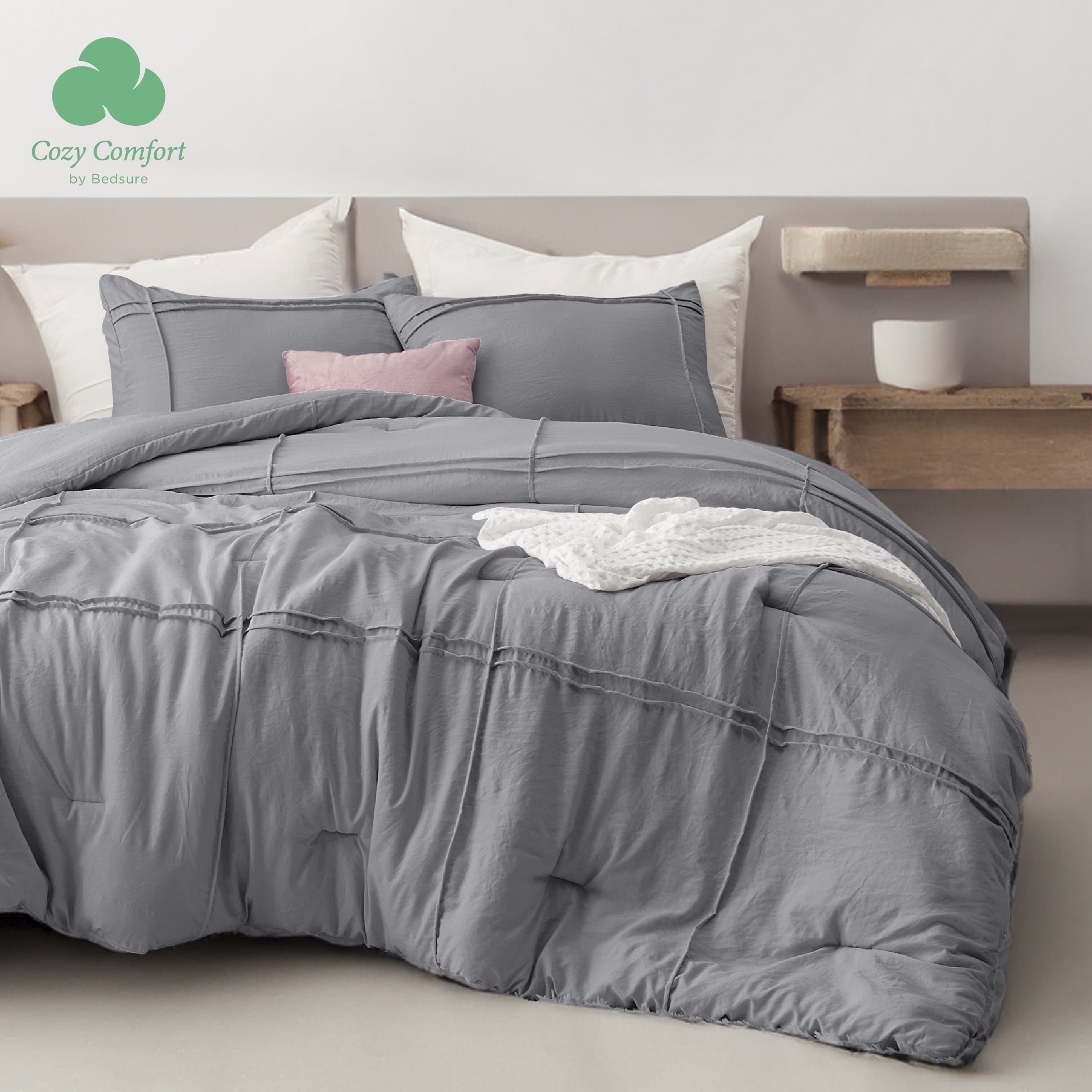 Full Comforter Set with Sheet - 4 Pieces Soft Grey Bedding Sets, Grid Pinch Pleat, All Season Lightweight Fluffy Bed Set with Solid Boho Comforter, Pillowcases & Sheet