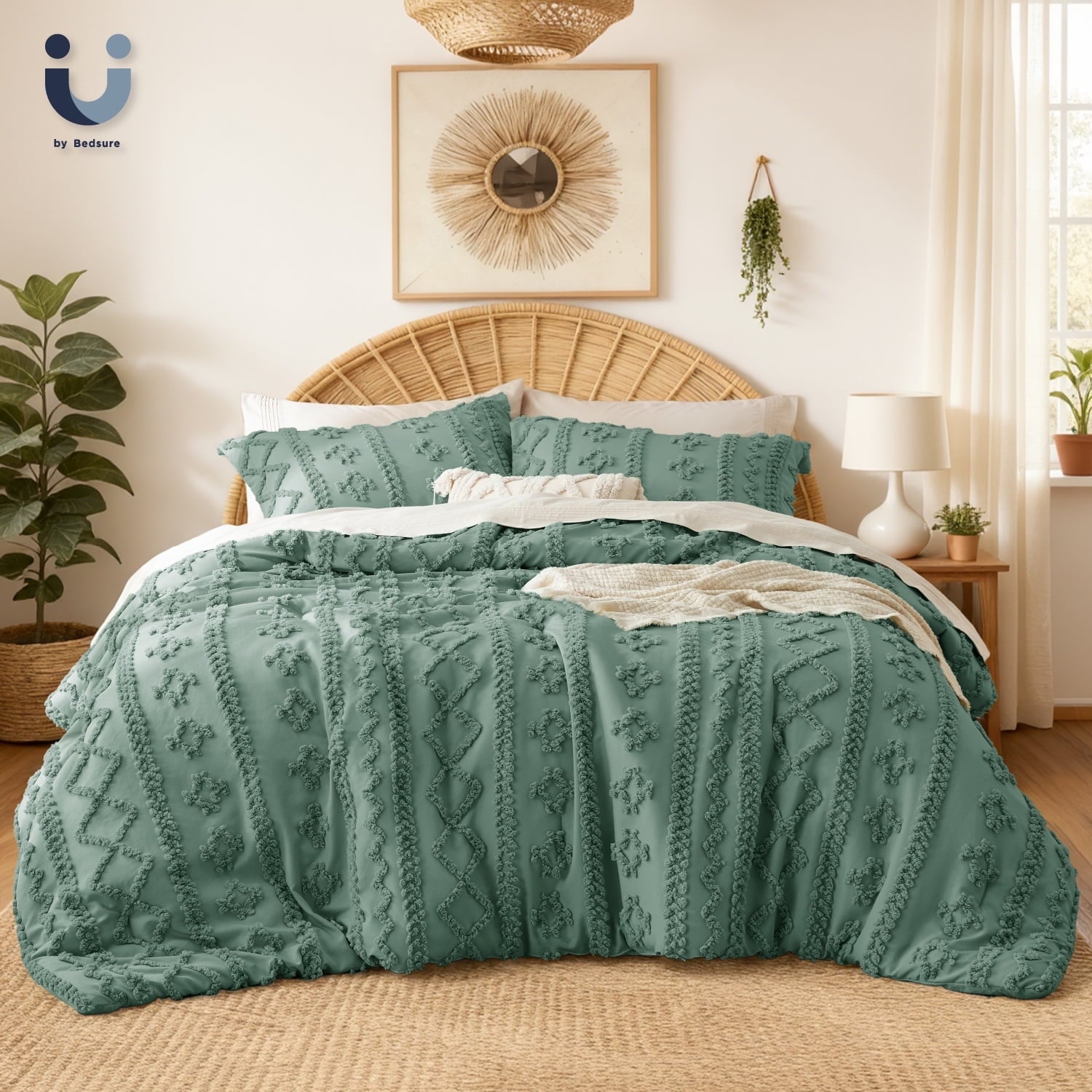 U by Bedsure Tufted Boho Comforter Set Queen, Beige, 3 Pieces Farmhouse Shabby Chic Embroidery Bed Set, Soft Jacquard Comforter for All Seasons