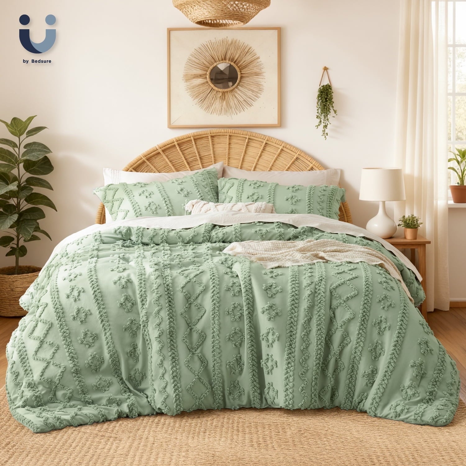 U by Bedsure Tufted Boho Comforter Set Queen, Beige, 3 Pieces Farmhouse Shabby Chic Embroidery Bed Set, Soft Jacquard Comforter for All Seasons