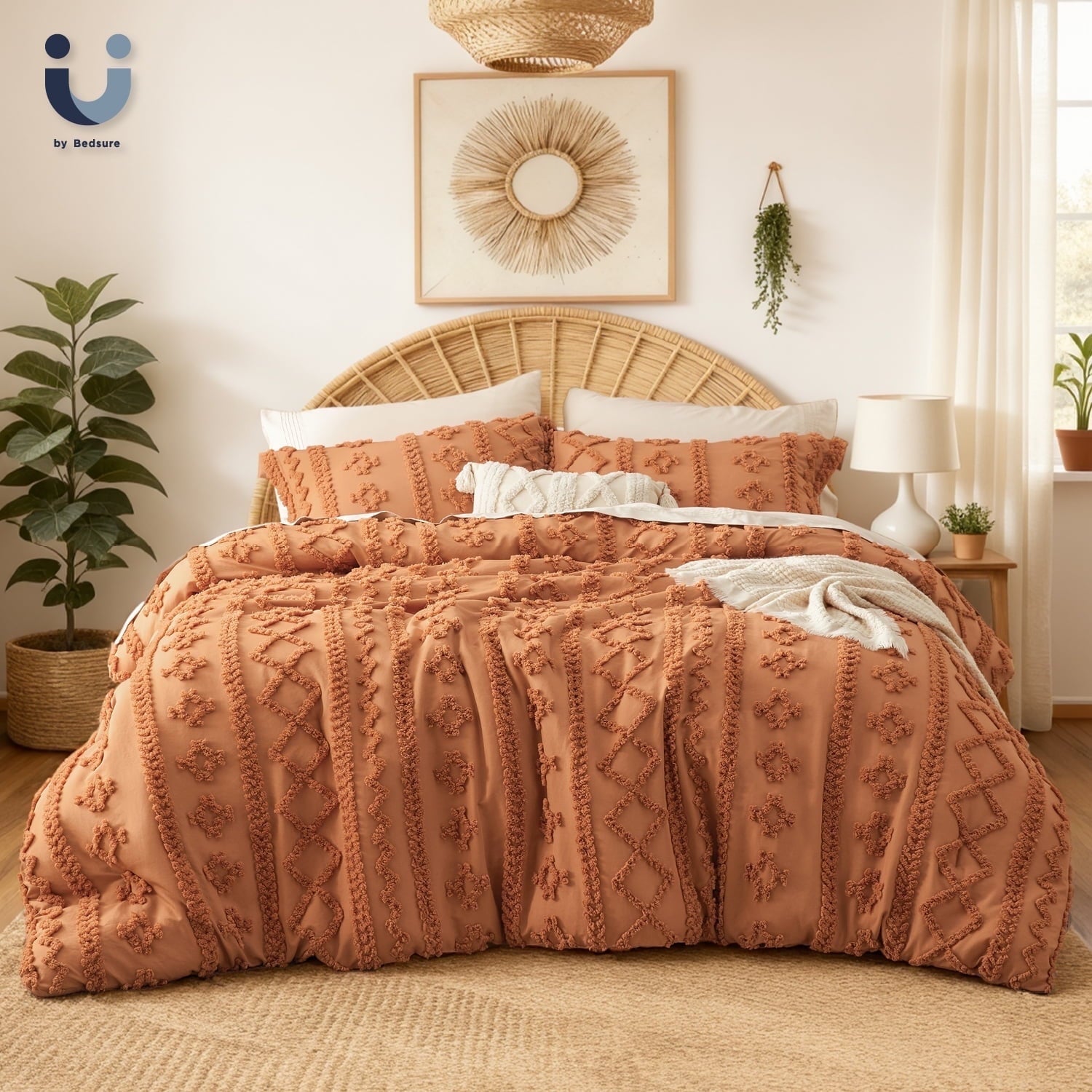 U by Bedsure Tufted Boho Comforter Set Queen, Beige, 3 Pieces Farmhouse Shabby Chic Embroidery Bed Set, Soft Jacquard Comforter for All Seasons