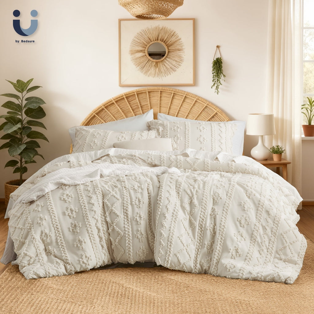 U by Bedsure Tufted Boho Comforter Set Queen, Beige, 3 Pieces Farmhouse Shabby Chic Embroidery Bed Set, Soft Jacquard Comforter for All Seasons