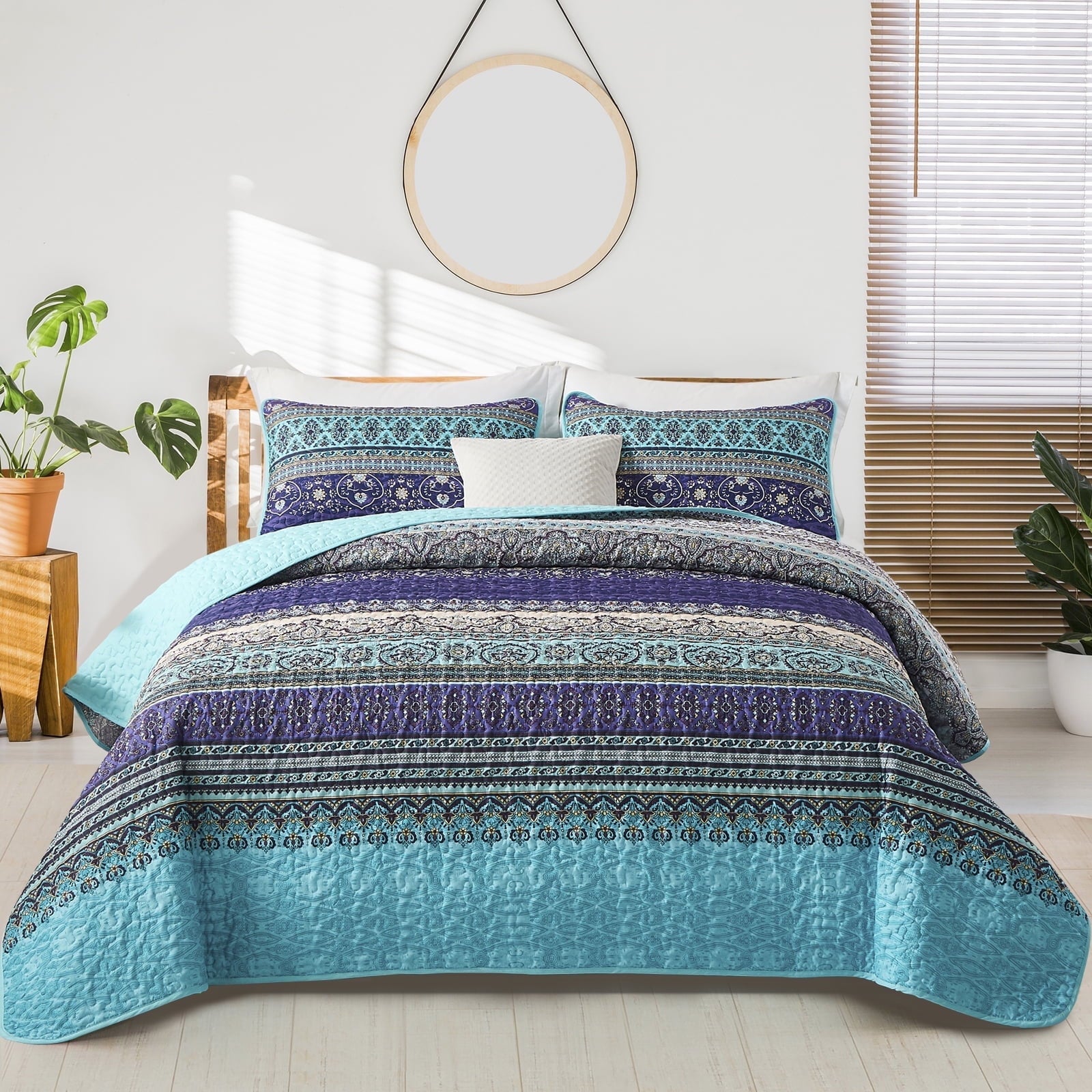 Dintszyayue Bohemian Quilt Set Queen Size,Blue Stripe 1Bedspread and 2Pillowcase Lightweight Adult(90"x96")