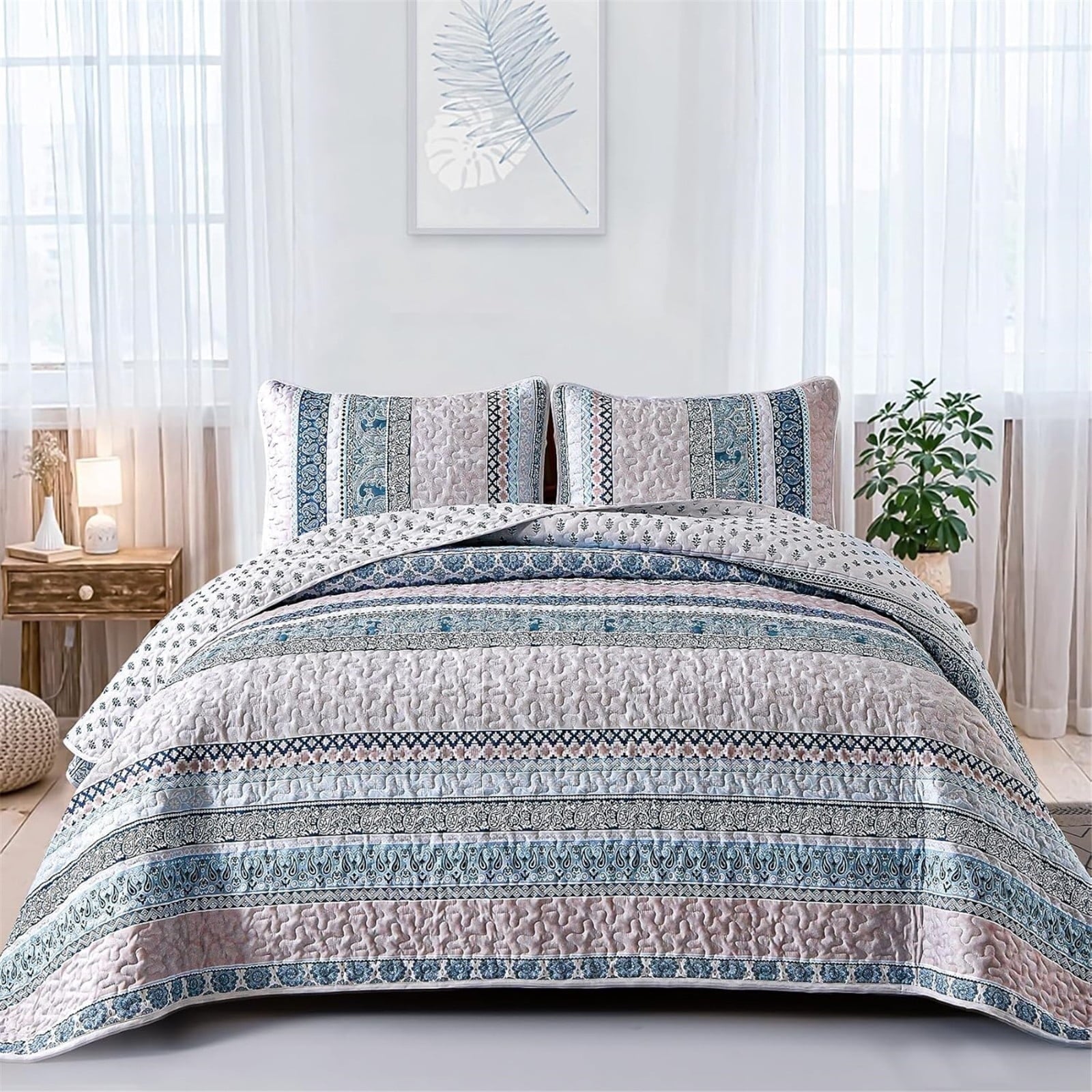 Dintszyayue Bohemian Quilt Set Queen Size,Blue Stripe 1Bedspread and 2Pillowcase Lightweight Adult(90"x96")