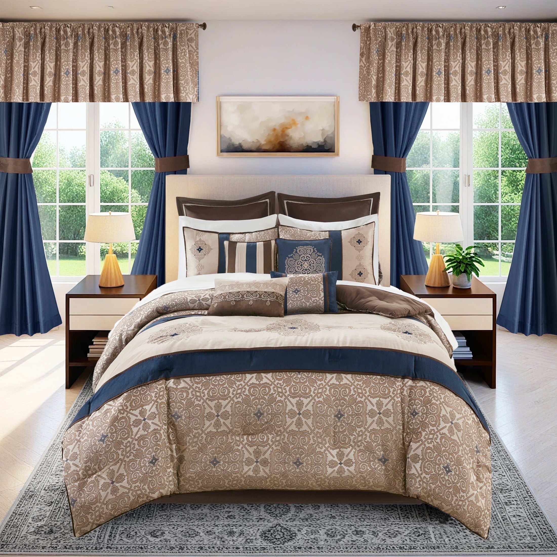 Regency Heights 24PCs Traditional Paisley Jacquard Comforter Set with Window Curtains,Room in a Bag,Queen,24 Pieces-Navy