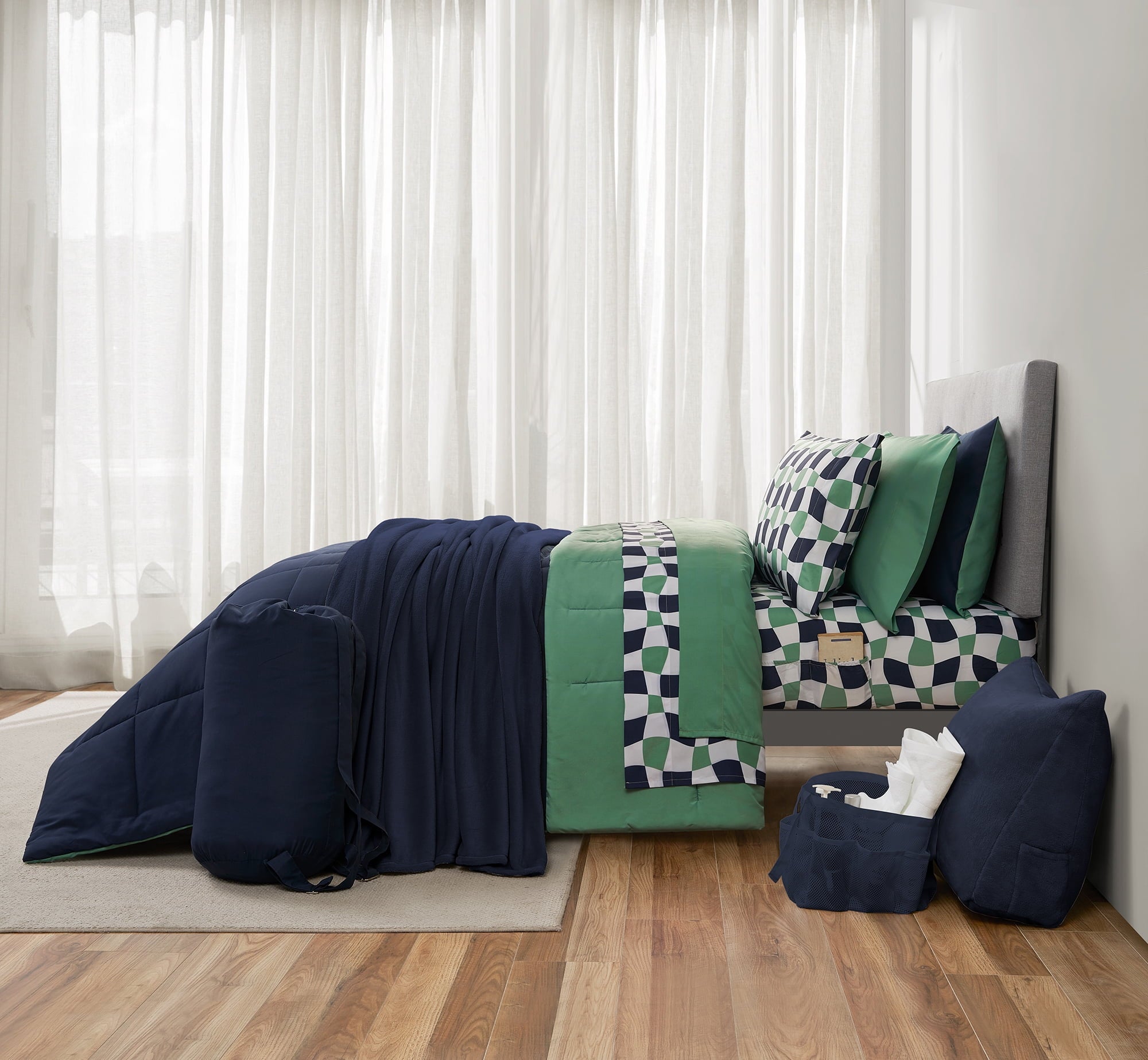 14pc College Dorm Essentials Bundle, Twin-XL, Reversible Bed in a Bag Comforter Set, Purple Floral