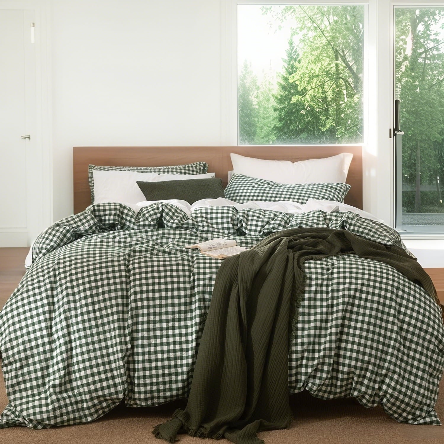 NAYOROOM 100% Organic Cotton Gingham Duvet Cover Queen Set, 3-Piece Linen Like Textured Breathable Soft Bedding Cover (Dark Green Gingham)