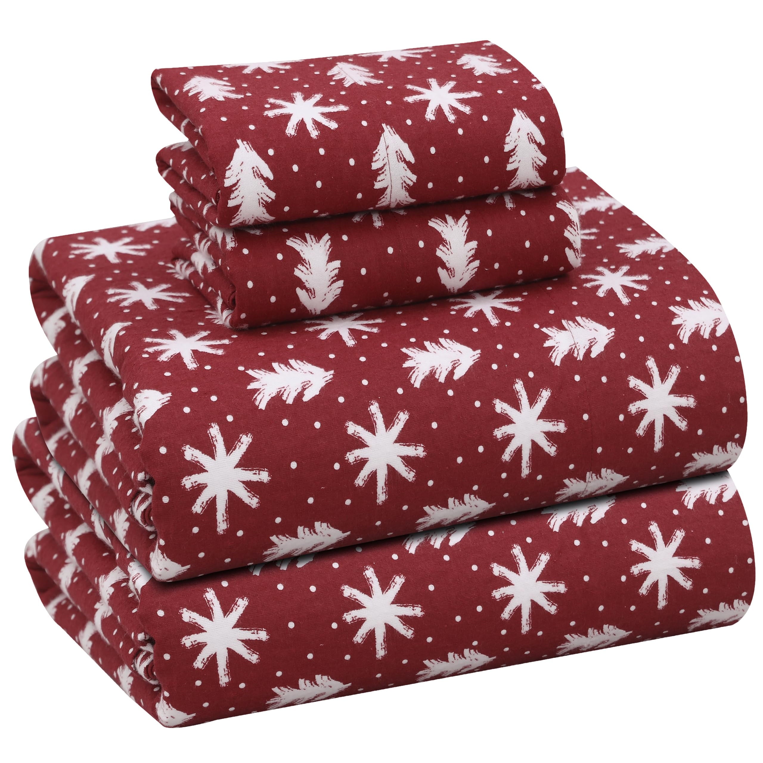 RUVANTI Flannel Sheets Queen Size - 100% Cotton Double Brushed Bed Sheets, Deep Pockets 16 Inches Queen Sheet Set, All Seasons Breathable & Extra Soft - Warm & Cozy, 4 Piece, Red Plaid