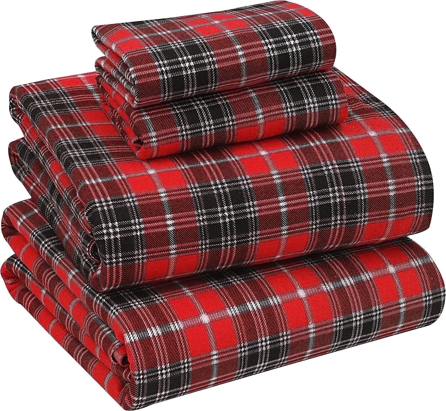 RUVANTI Flannel Sheets Queen Size - 100% Cotton Double Brushed Bed Sheets, Deep Pockets 16 Inches Queen Sheet Set, All Seasons Breathable & Extra Soft - Warm & Cozy, 4 Piece, Red Plaid