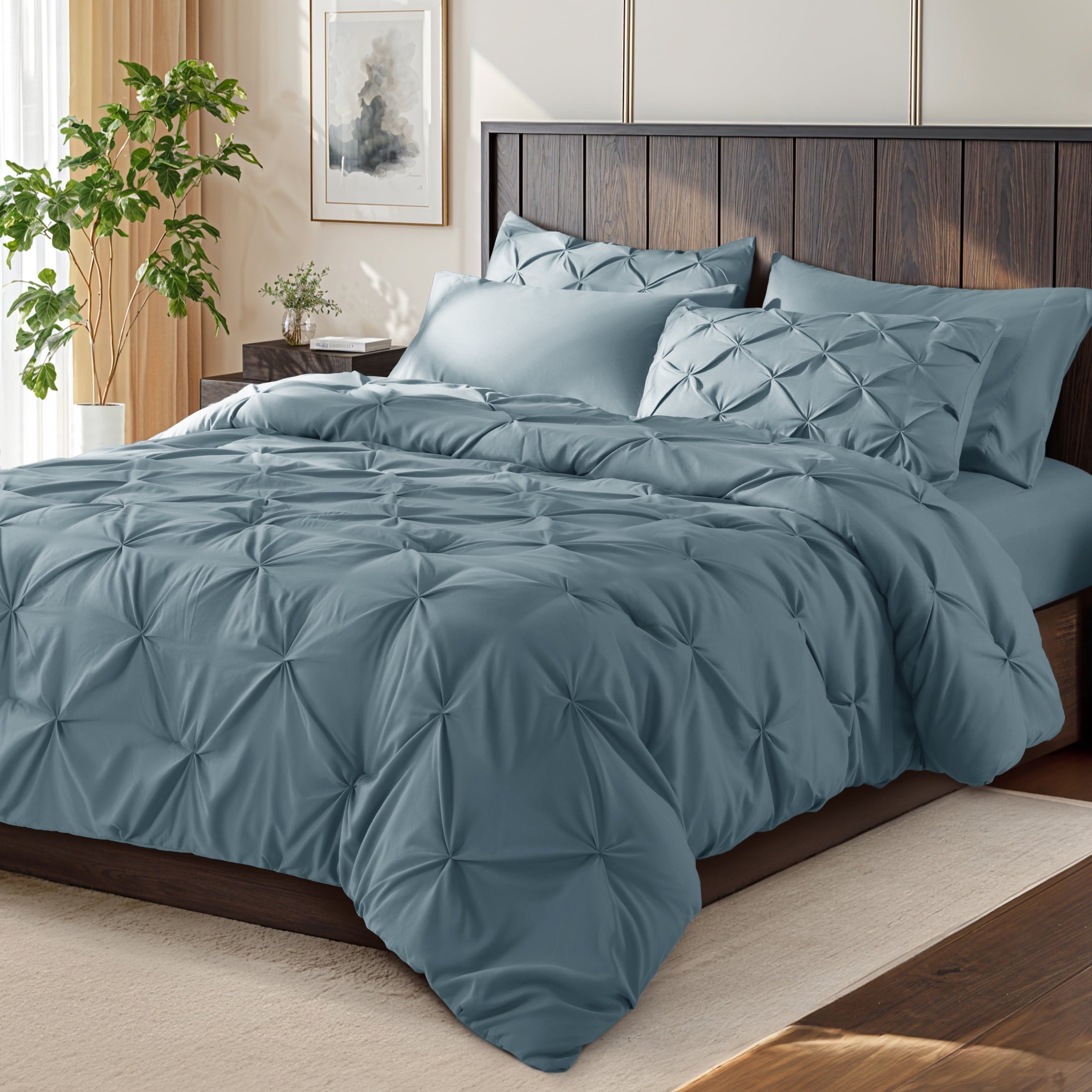 SONORO KATE Queen Comforter Set, 7 Pieces Bedding Sets for All Season, Bed in a Bag with Pleated Comforter - Flat Sheet & Fitted Sheet - Pillowcases & Shams, Gray