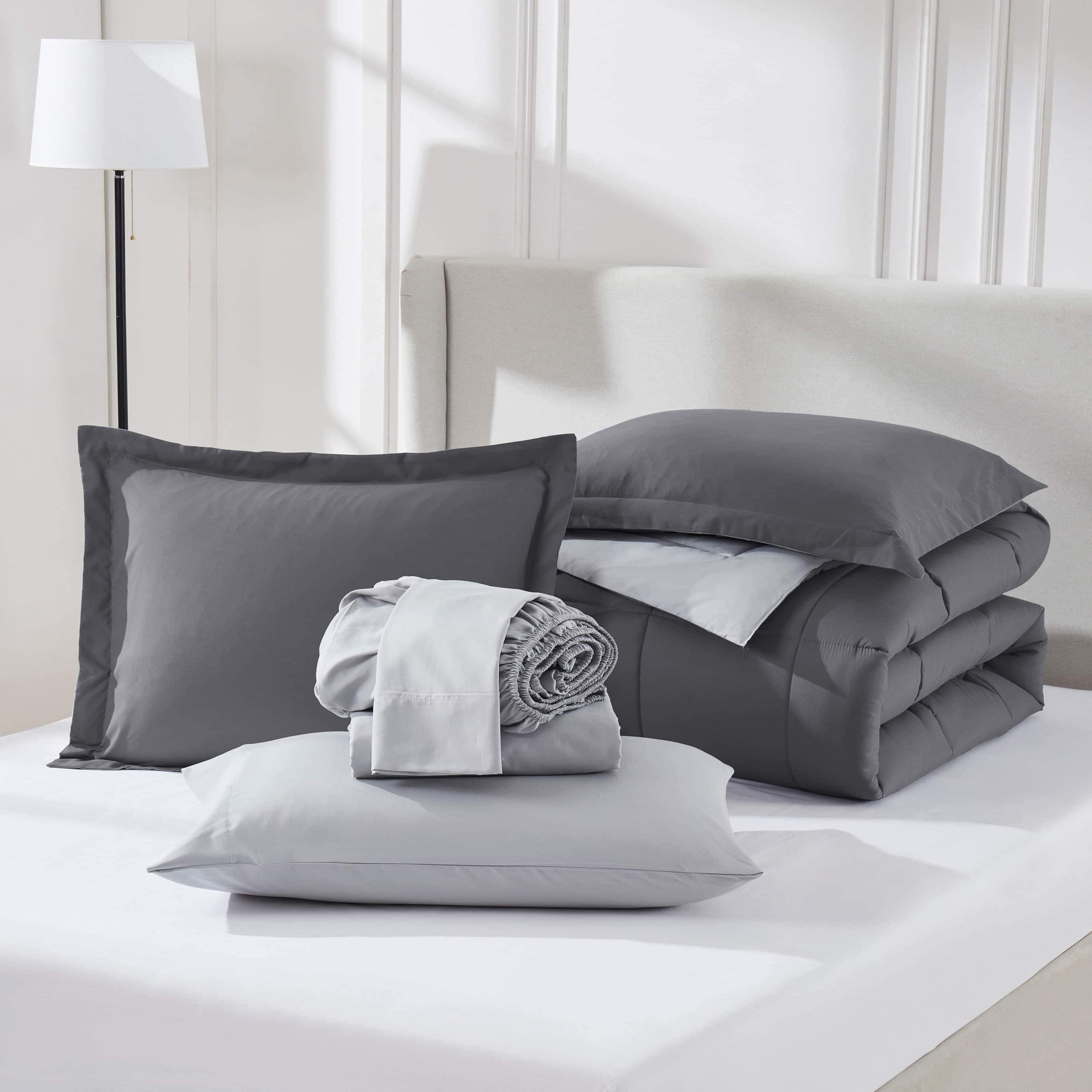 Virtu Queen Comforter Set, Bed in a bag, 7 Pc Reversible Bedding Comforter Set with Sheets, Bedding Set, Gray