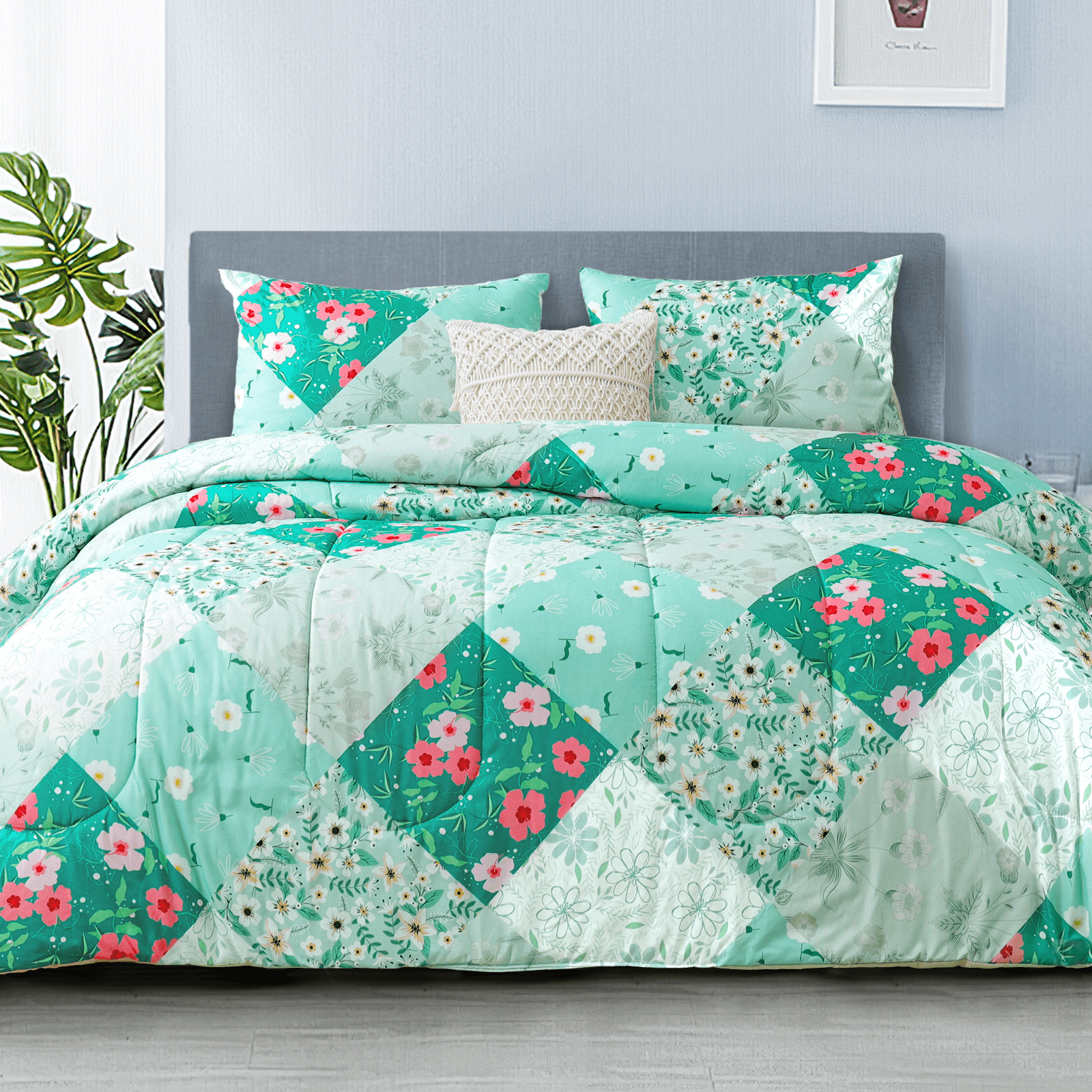 Whale Flotilla 3-Piece King Comforter Set, Soft Reversible Bedding Comforter Sets, Patchwork Printed Down Alternative Comforter Duvet for All Seasons, Grey