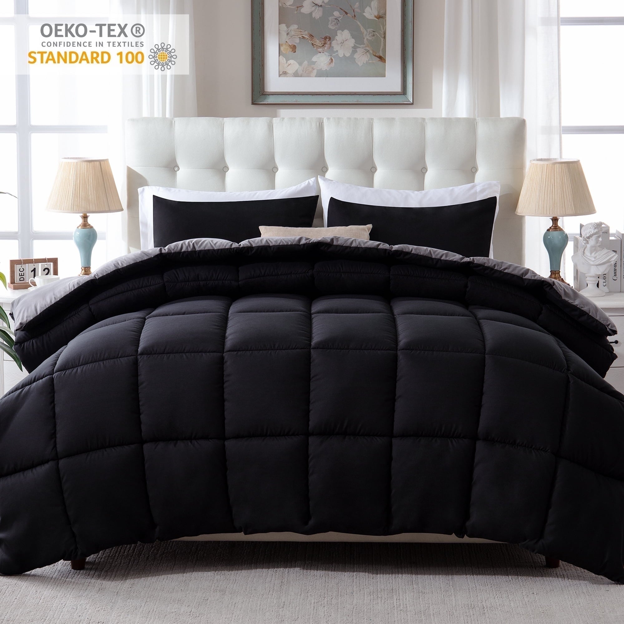 Yalamila Queen Size Comforter Set 3-Piece All-Season Down Alternative Reversible Comforter Set,Black/Grey,200GSM Cooling Quilted Duvet Insert,95 GSM Soft Cover Bed in a Bag