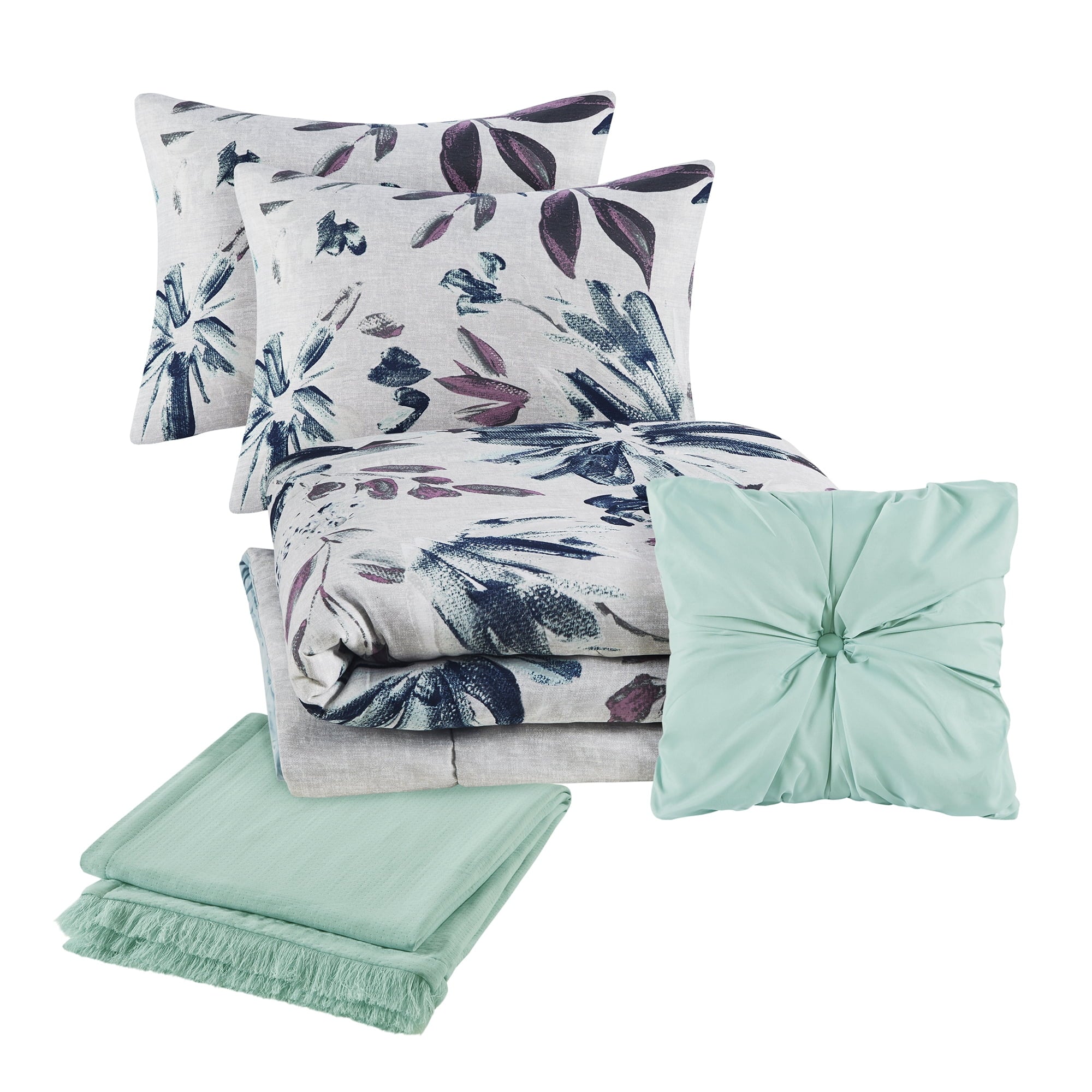 Mainstays 5-Piece Blue Floral Comforter Set, Full/Queen