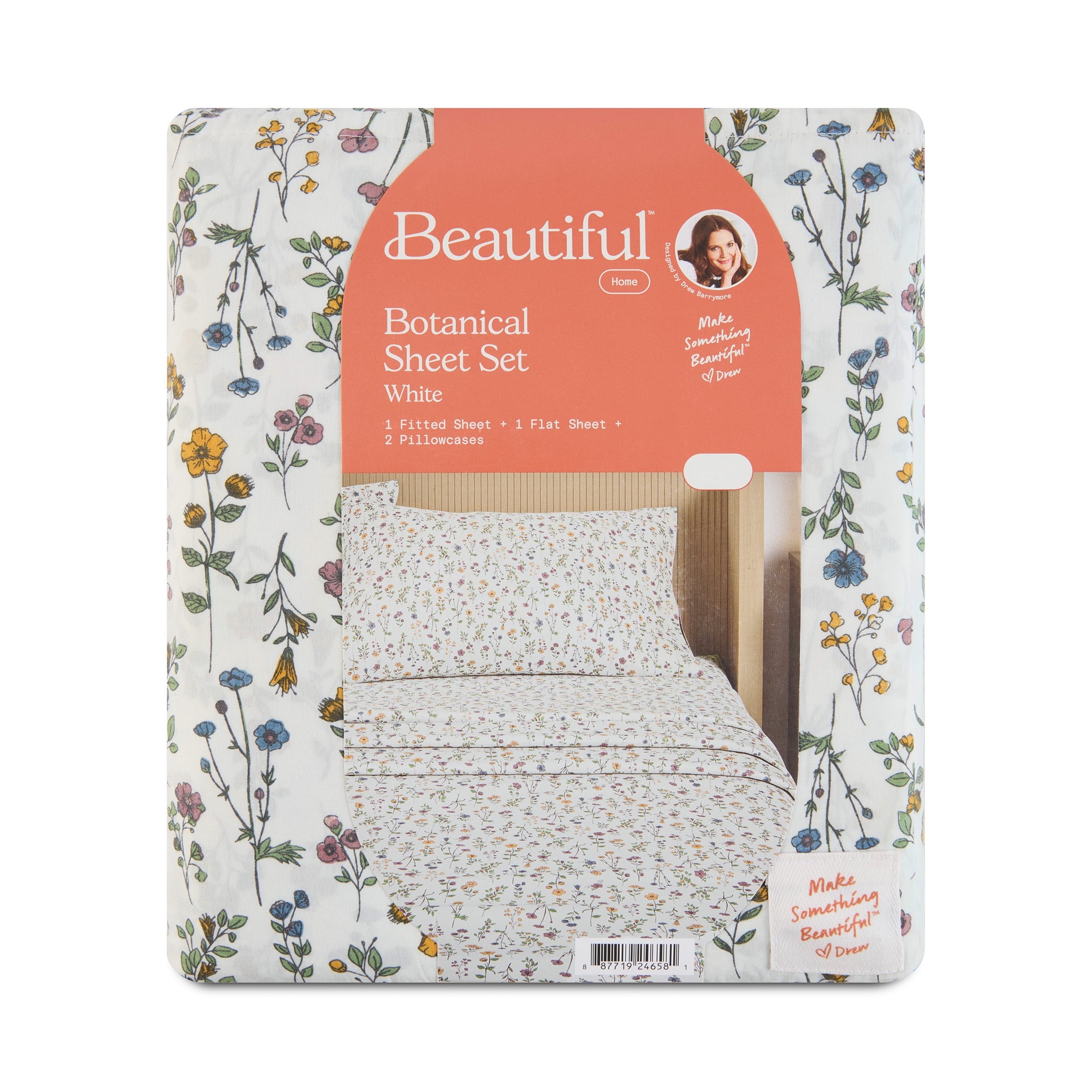 Beautiful Botanical 4-Piece 100% Cotton Washed Percale White Sheet Set, Queen by Drew Barrymore