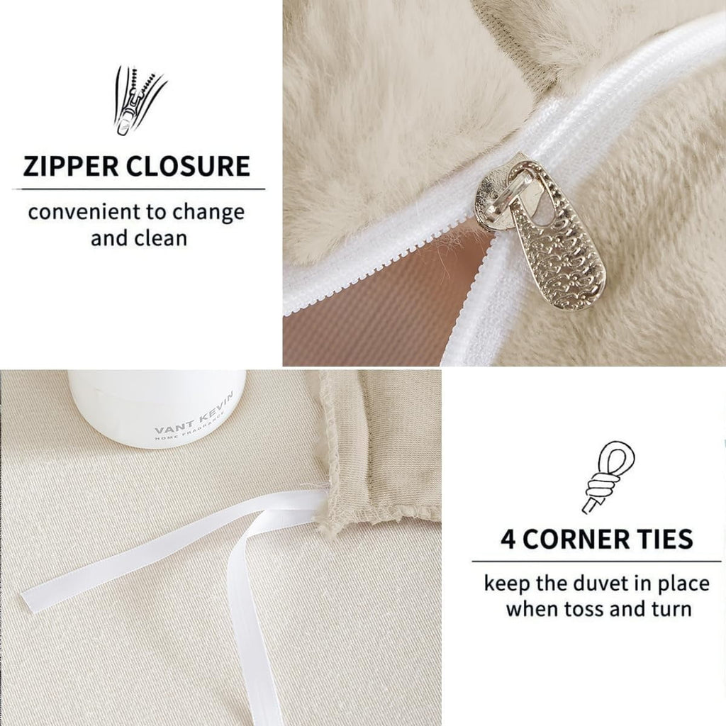 JOLUSERE Beige Fluffy Striped Duvet Cover Queen Set, 3-Piece Super Soft Faux Rabbit Fur Winter Warm Fuzzy Comforter Cover