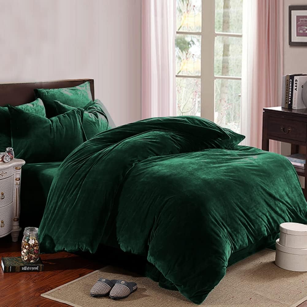 JOLUSERE Dark Green Velvet Duvet Cover King Set, 3-Piece Ultra Soft Fluffy Velvet Winter Bedding Cover