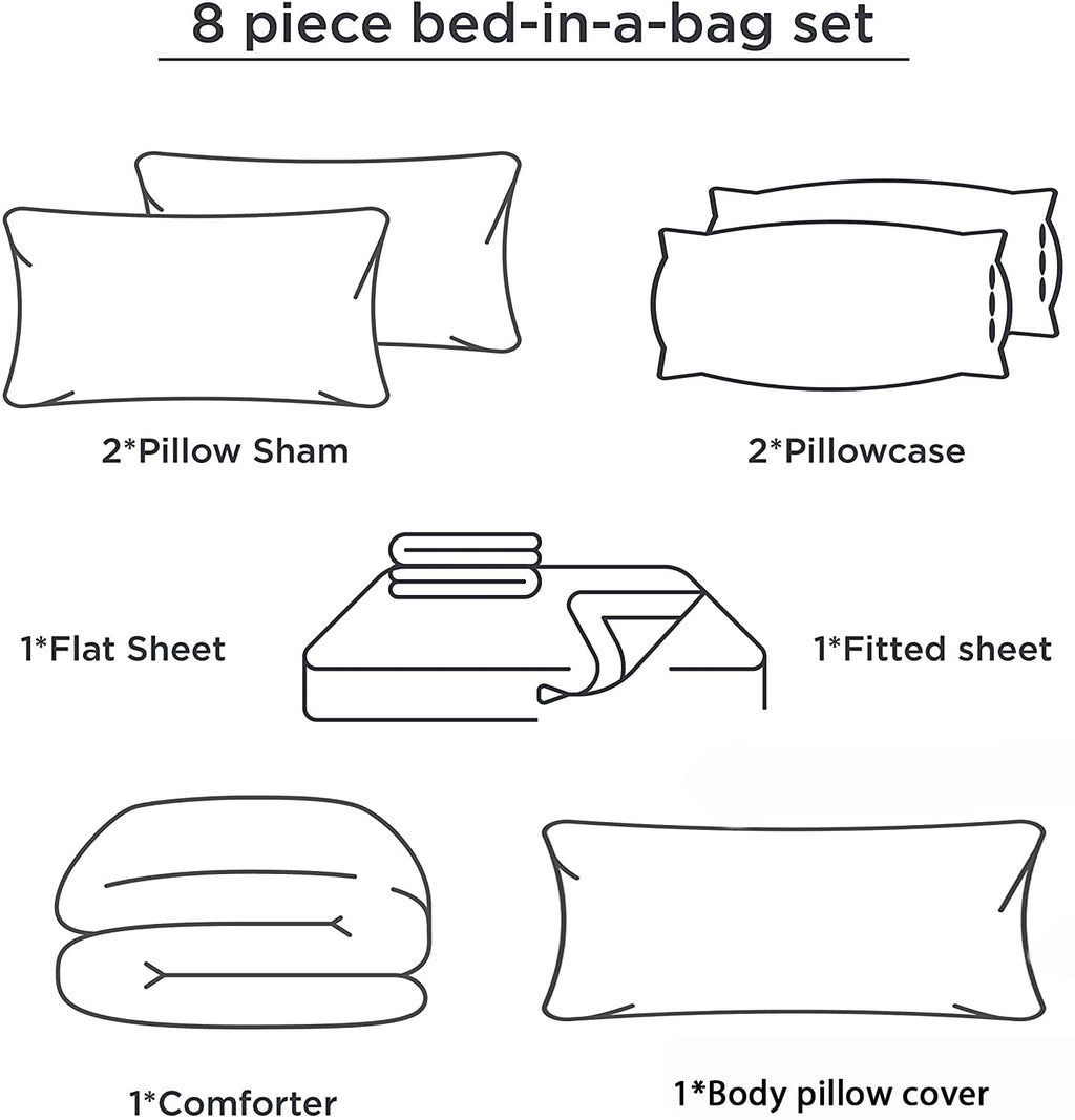 HIG 8 PCS Modern Comforter Set with Sheets All Season Bed in a Bag, Dark Gray, Queen Size