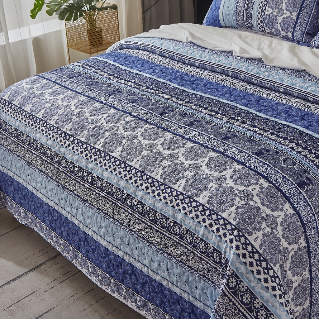 Dintszyayue Bohemian Quilt Set Queen Size,Blue Stripe 1Bedspread and 2Pillowcase Lightweight Adult(90"x96")