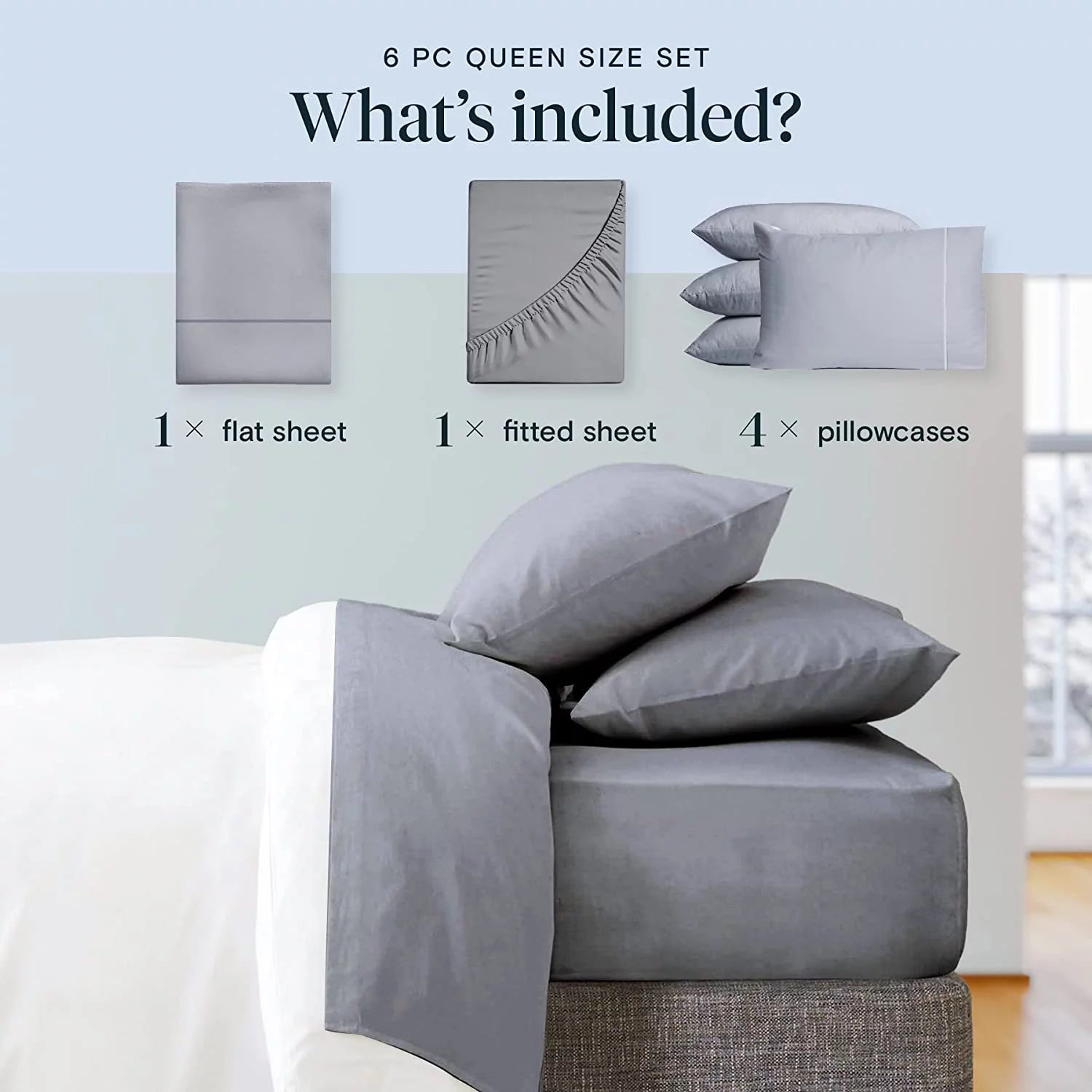 Luxclub Cooling Sheet, 6 Piece Ultra Soft Microfiber Bed Sheets & Pillowcases, Queen - Light Grey