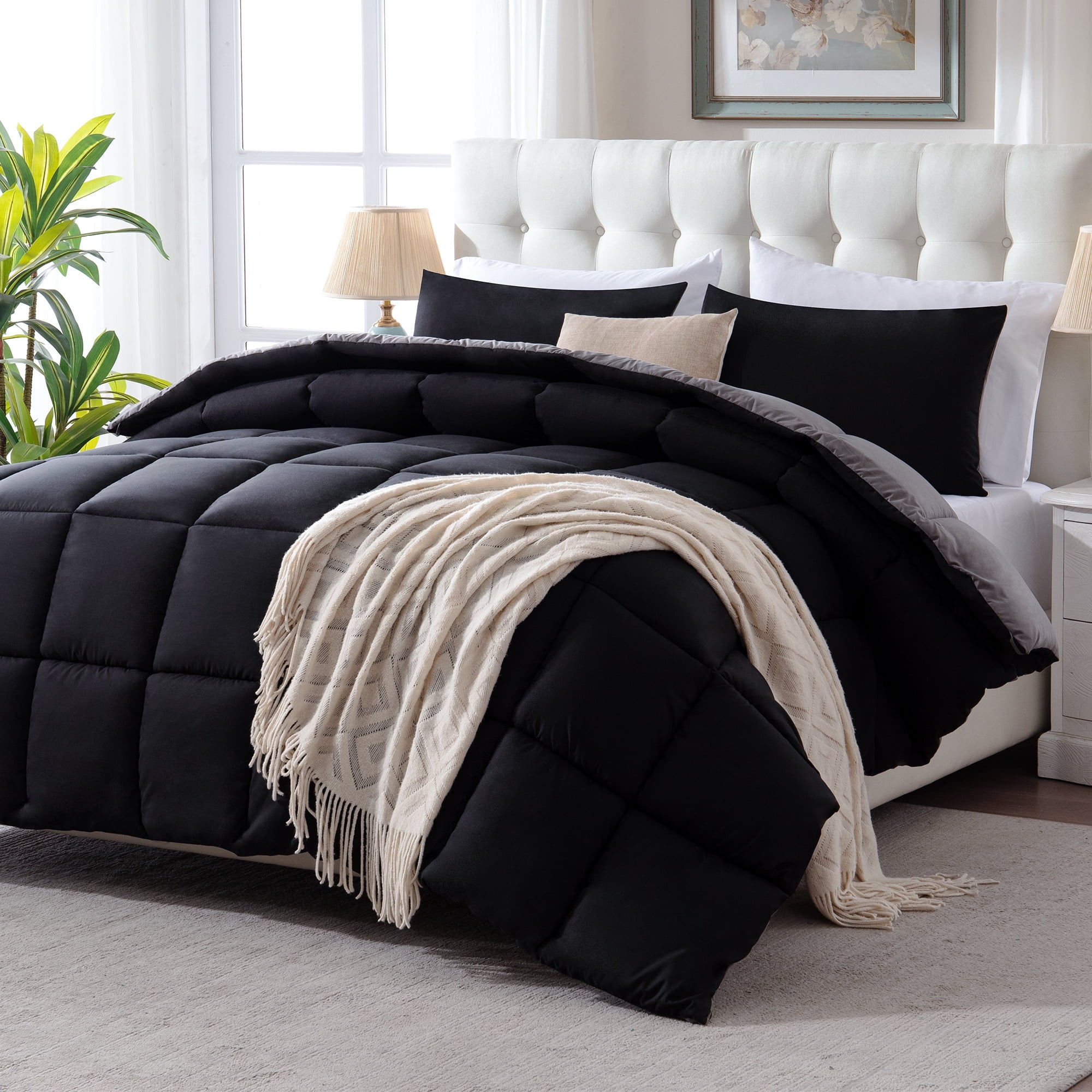 Yalamila Queen Size Comforter Set 3-Piece All-Season Down Alternative Reversible Comforter Set,Black/Grey,200GSM Cooling Quilted Duvet Insert,95 GSM Soft Cover Bed in a Bag