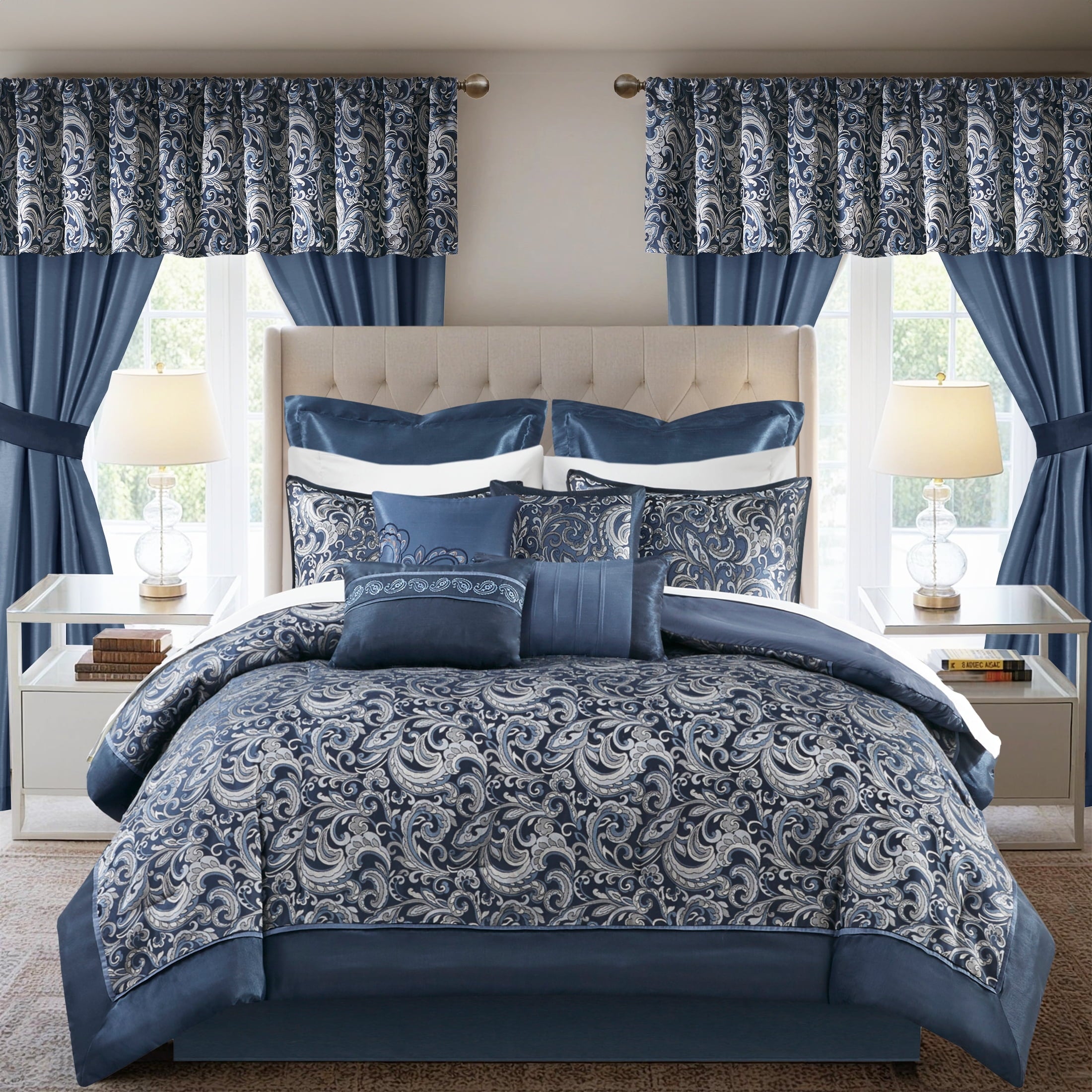 Regency Heights 24PCs Traditional Paisley Jacquard Comforter Set with Window Curtains,Room in a Bag,Queen,24 Pieces-Navy